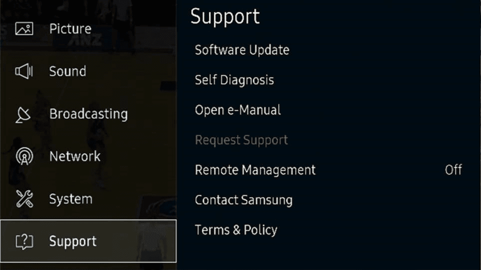 Abra el menú en su Samsung Smart TV y luego seleccione Soporte
