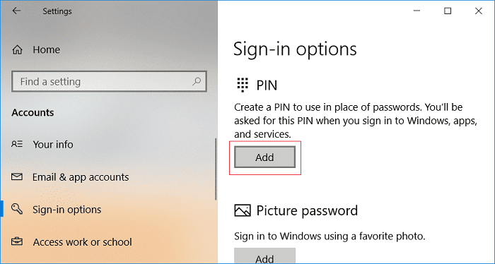 Kliknij Dodaj w Opcjach logowania PIN |  Jak dodać kod PIN do swojego konta w systemie Windows 10