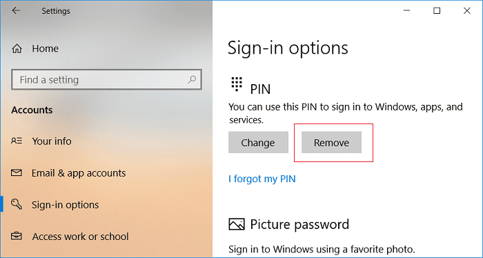 Kliknij Usuń w Opcjach logowania PIN |  Jak dodać kod PIN do swojego konta w systemie Windows 10