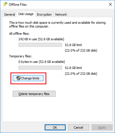 Vaya a la pestaña Uso de datos en la ventana Archivos sin conexión y luego haga clic en Cambiar límites 
