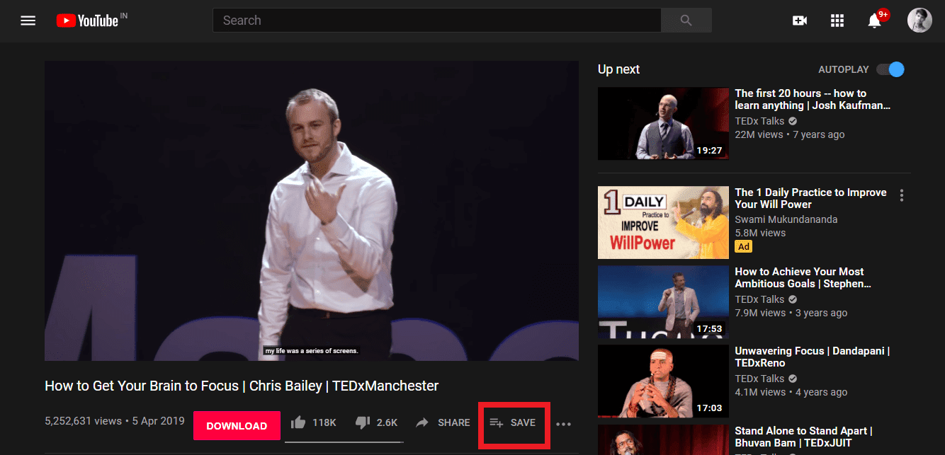 Haga clic en la opción Guardar debajo de su video