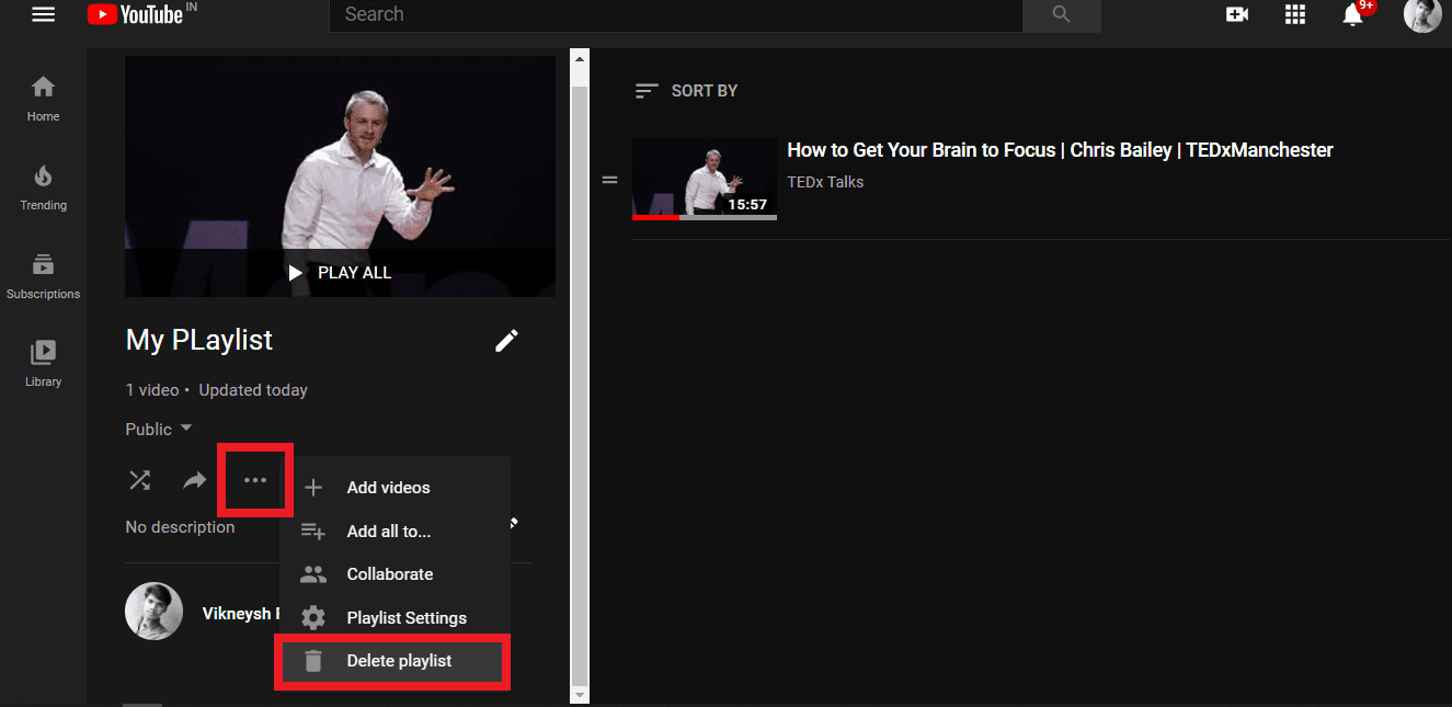 Haga clic en la opción de tres puntos y luego seleccione Eliminar lista de reproducción |  Cómo eliminar una lista de reproducción en YouTube