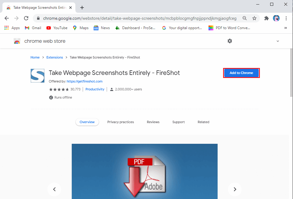 Seleccione 'tomar capturas de pantalla de la página web por completo - Fireshot' de los resultados de búsqueda y haga clic en Agregar a Chrome.