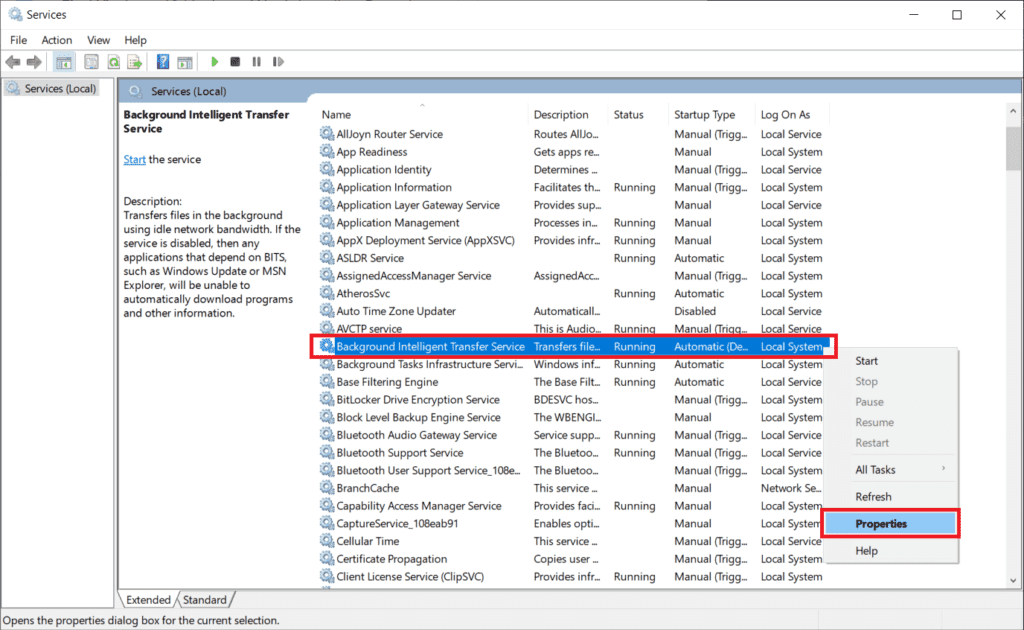haga clic con el botón derecho en Servicio de transferencia inteligente en segundo plano y seleccione Propiedades.