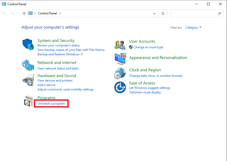 Haga clic en Programas y características para abrir Desinstalar o cambiar una ventana de programa