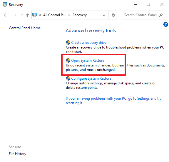 Elija Restaurar sistema abierto.