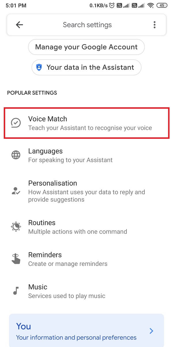toca Coincidencia de voz. | ¿Cómo deshabilitar el Asistente de Google en la pantalla de bloqueo?