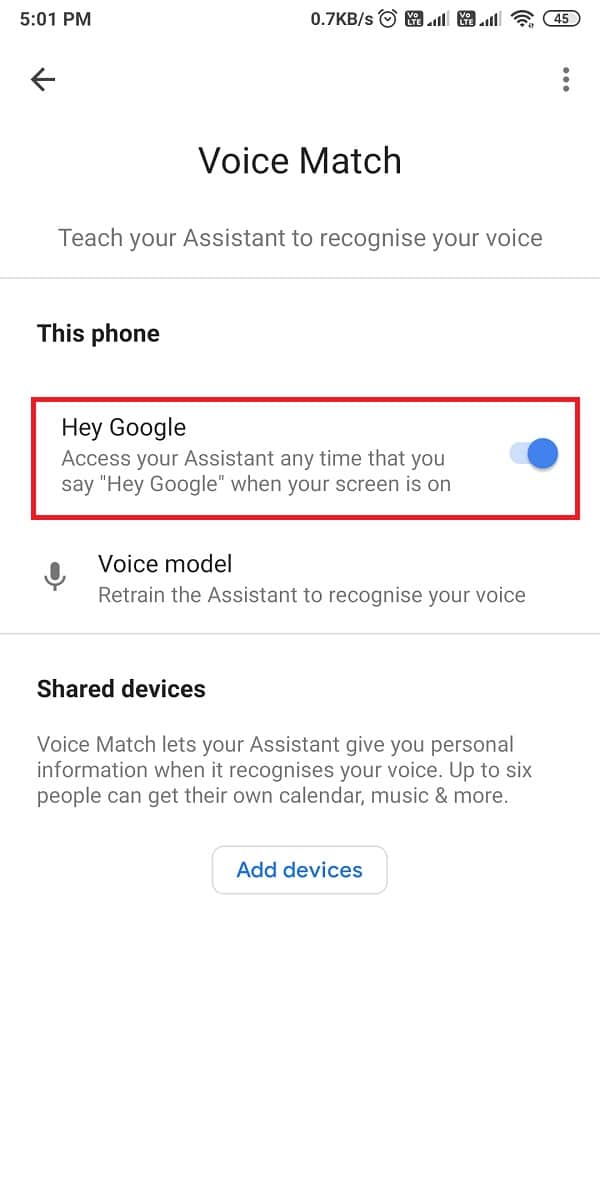 apague la palanca de 'Hey Google' para apagarlo.