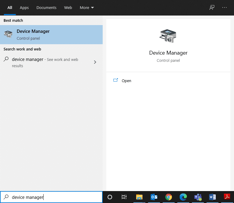 Abra el Administrador de dispositivos buscándolo en la barra de búsqueda de Windows.