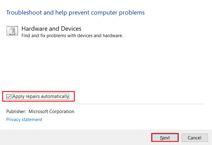 marque la opción aplicar reparaciones automáticamente en el solucionador de problemas de hardware y dispositivos y haga clic en Siguiente