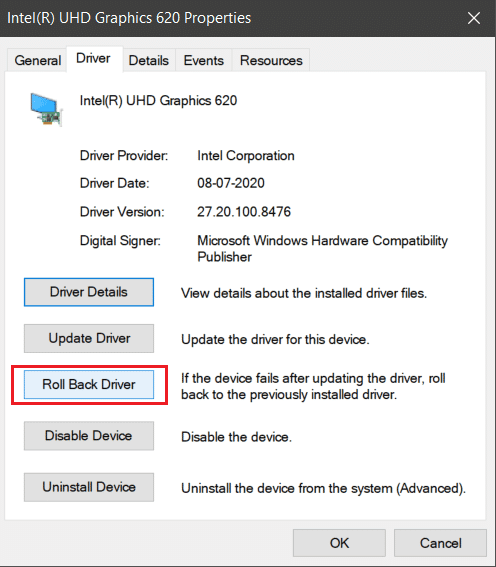 vaya a la pestaña de detalles y haga clic en revertir controladores en la ventana de propiedades del controlador.  Cómo arreglar líneas en la pantalla del portátil
