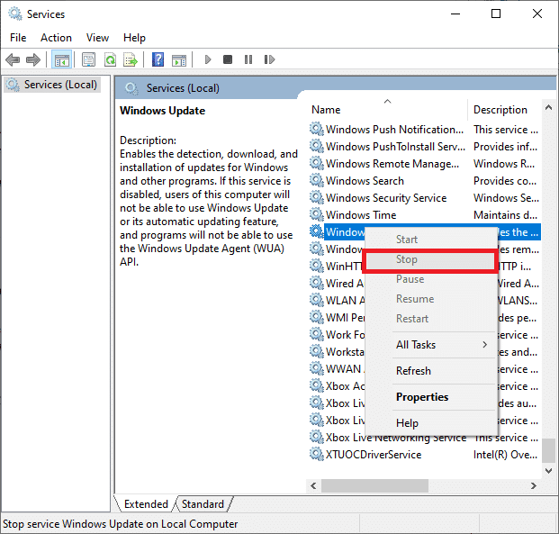 Ahora, haga clic con el botón derecho en Windows Update y seleccione Detener |  Cómo eliminar archivos temporales en Windows 10