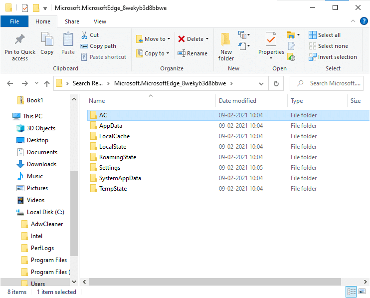 A continuación, navegue hasta AC, seguido de MicrosoftEdge |  Cómo eliminar archivos temporales en Windows 10