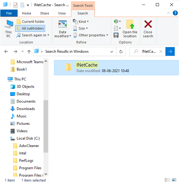 Finalmente, haga clic en INetCache y elimine los archivos temporales que contiene.