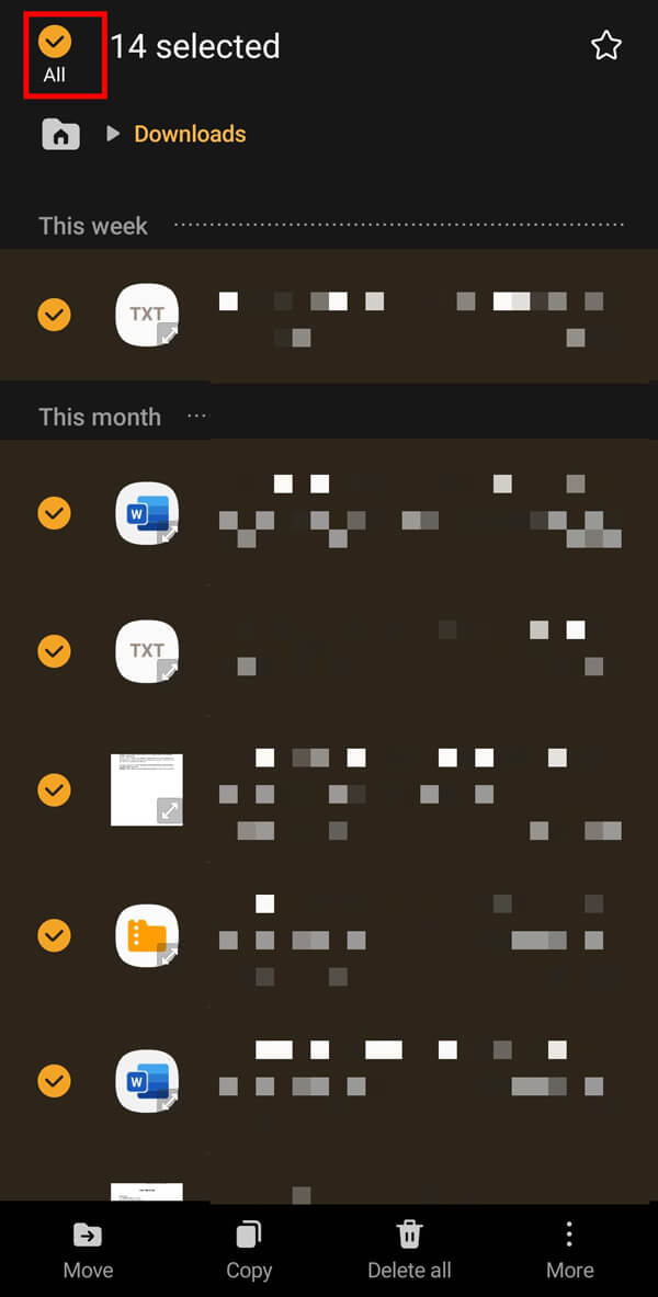 Si está dispuesto a eliminar todos los archivos, toque Todo