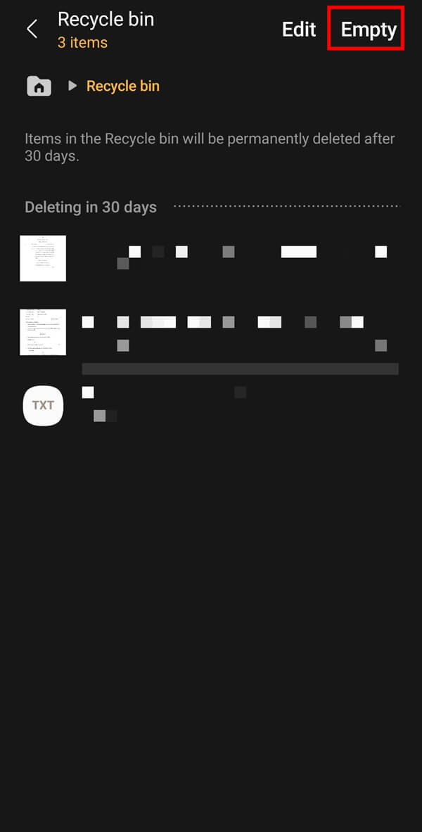 En la siguiente pantalla, toque Vaciar para eliminar la basura de su dispositivo de forma permanente