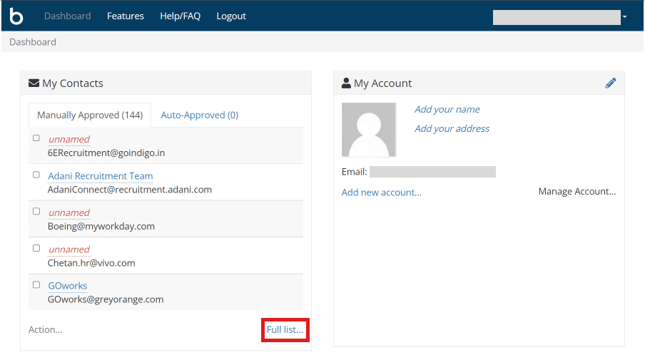 Haga clic en Lista completa... en Mis contactos.