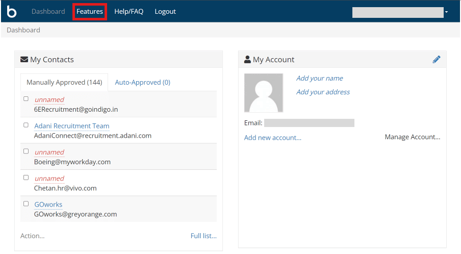 Haga clic en Características de las opciones en la parte superior.  |  lista de espera boxbe