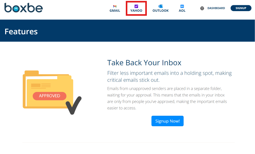 Haga clic en Yahoo desde las opciones superiores.  |  lista de espera boxbe