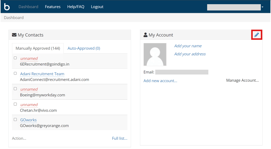 Haga clic en el icono de lápiz o editar.  |  eliminar Boxbe de Outlook