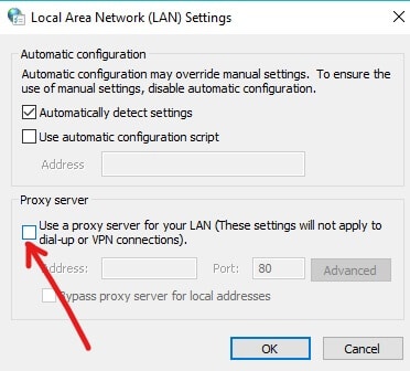 Marque la casilla de verificación junto a Omitir servidor proxy para direcciones locales