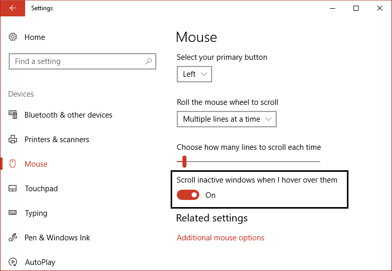 Encienda la palanca para Desplazar ventanas inactivas cuando pase el mouse sobre ellas