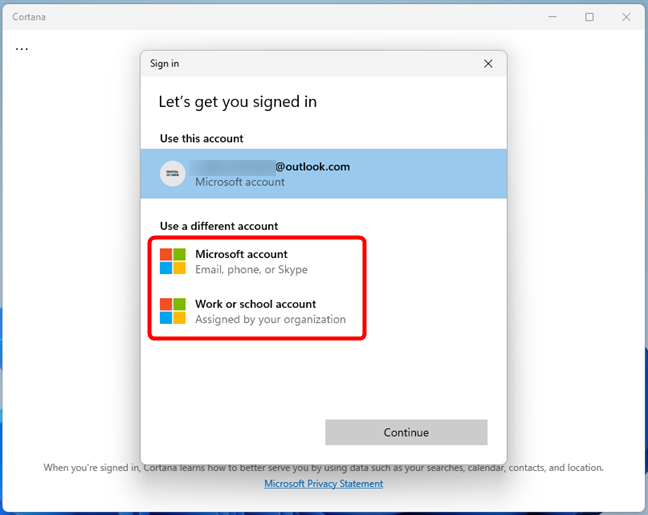 Użyj innego konta z Cortana