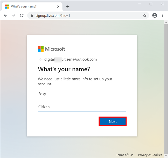 Inserte su nombre y haga clic o toque Siguiente