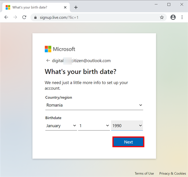 Agrega tu país y fecha de nacimiento y presiona Siguiente