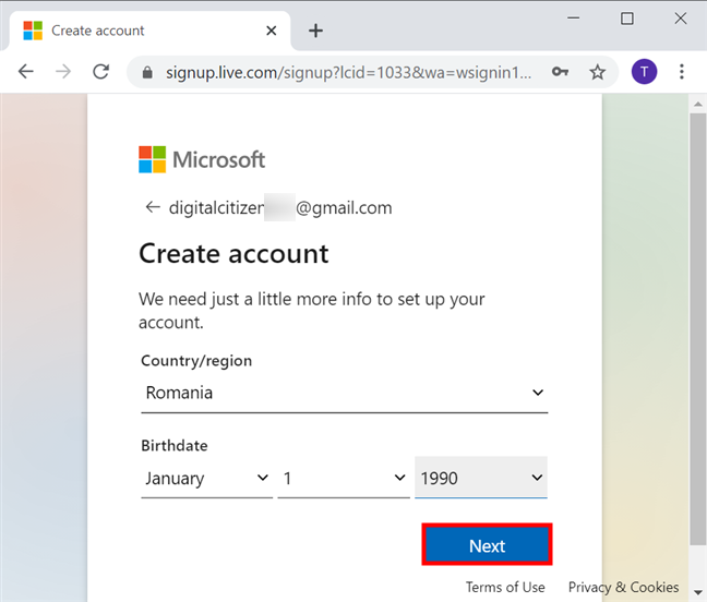 Haga clic o toque Siguiente después de proporcionar la información requerida