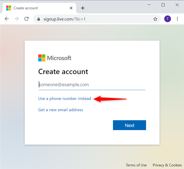 Use un número de teléfono para crear una cuenta de Microsoft sin correo electrónico