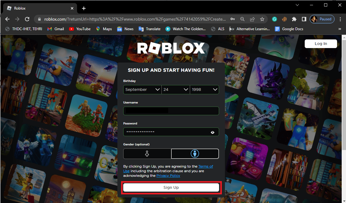 Haga clic en el botón Registrarse para crear su cuenta y siga las instrucciones en pantalla para verificar sus datos.  Arreglar el código de error de Roblox 103 en Xbox One