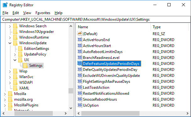 Haga doble clic en DWORD DefeatureUpdatesPeriodInDays