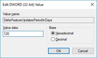 En el campo Información del valor, escriba un valor entre 0 y 365 (días) para la cantidad de días que desea posponer las actualizaciones de funciones.