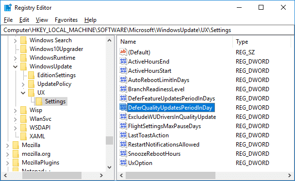 Haga doble clic en Actualizaciones de aplazamiento de calidad Período de días DWORD