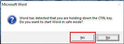 Kliknij przycisk Tak, aby uruchomić program Microsoft Word w trybie awaryjnym