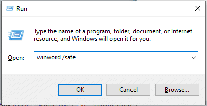Wpisz winword /safe w oknie dialogowym i kliknij OK