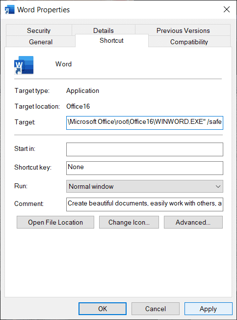 Uruchom Microsoft Word w trybie awaryjnym