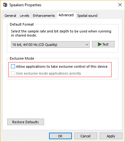 Desmarque Permitir que las aplicaciones tomen el control exclusivo de este dispositivo |  Aumentar el volumen del micrófono en Windows 10