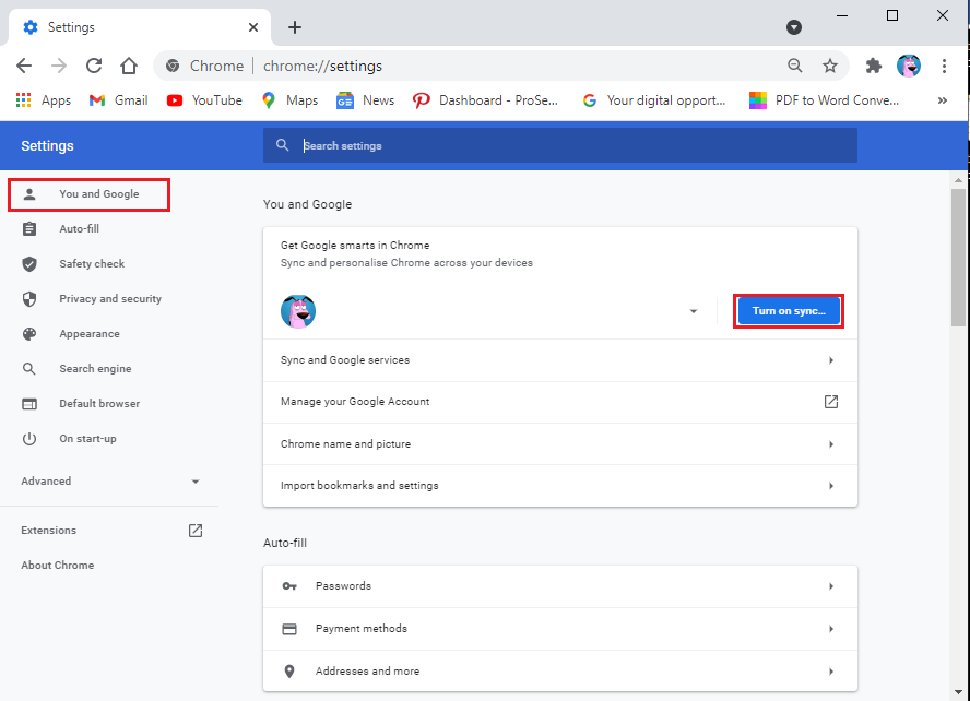 Haga clic en activar la sincronización junto a su cuenta de Google
