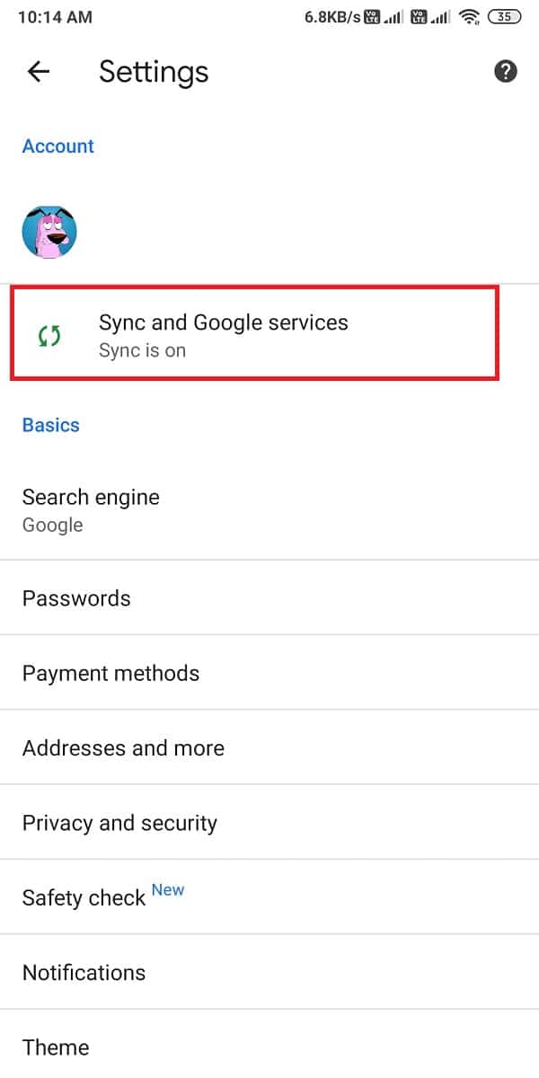 Toque en sincronización y servicios de google