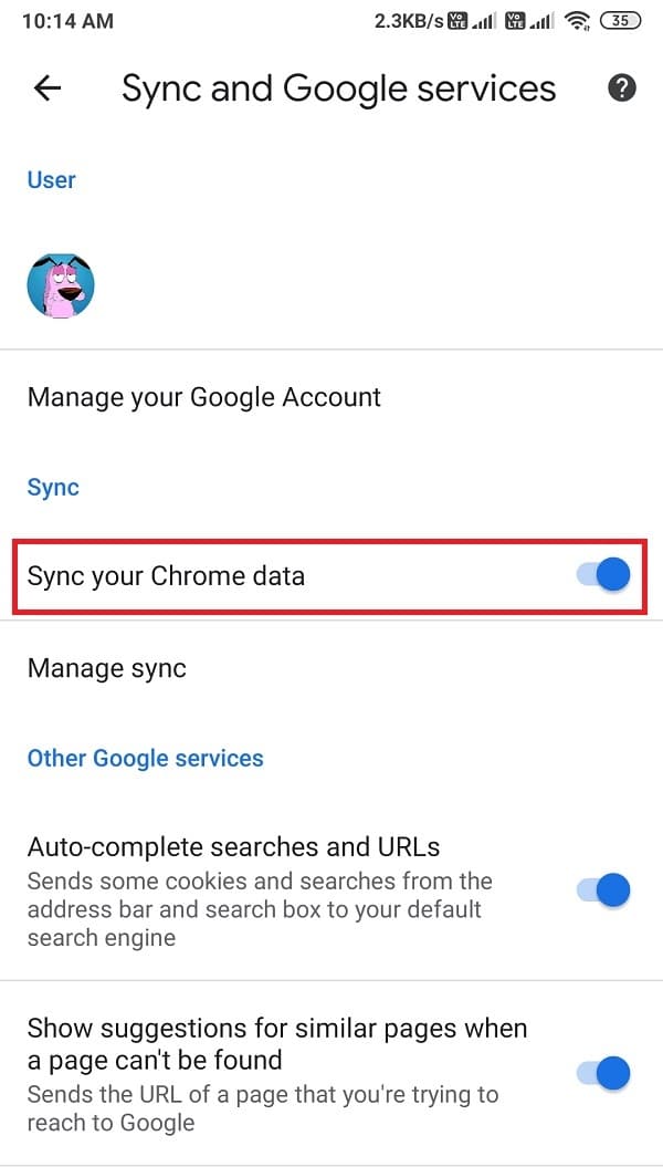 Encienda la palanca junto a sincronizar sus datos de Chrome