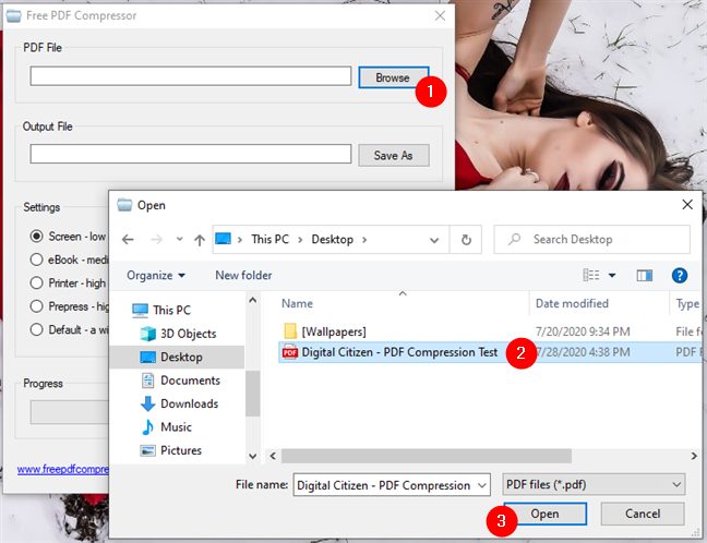 Seleccionando el PDF a comprimir