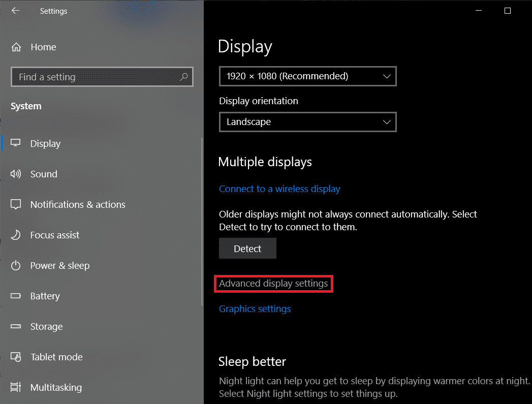 Desplácese hacia abajo para encontrar Configuración de pantalla avanzada y haga clic en el mismo