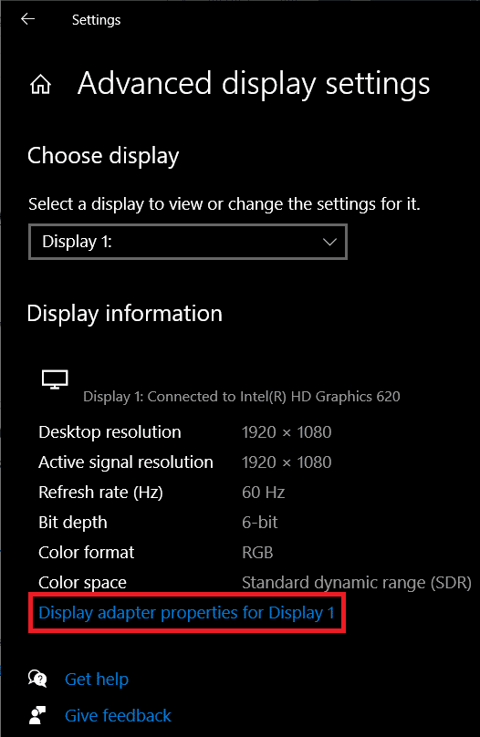 Haga clic en las propiedades del adaptador de pantalla para la pantalla 1