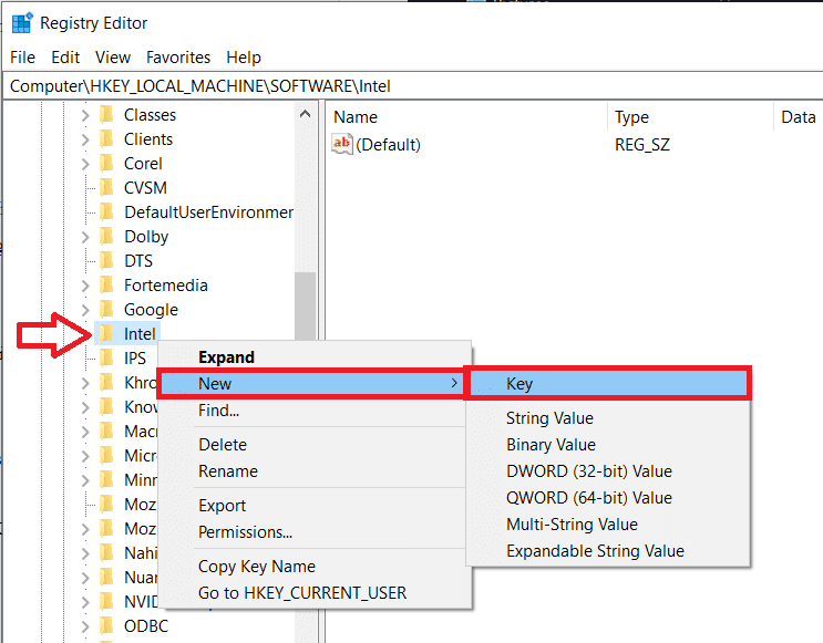 Haga clic derecho en Intel y seleccione Nuevo y luego Clave