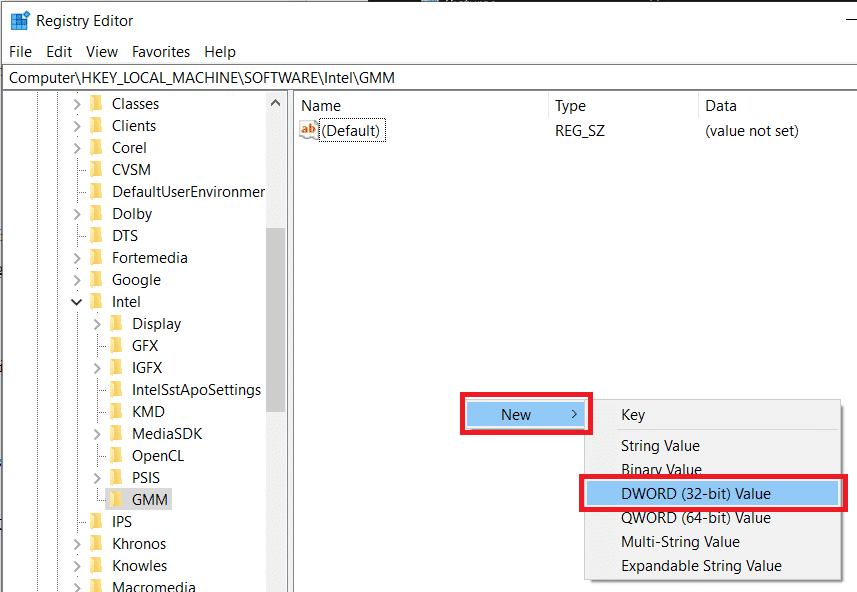 Seleccione Nuevo seguido de Valor DWORD (32 bits)