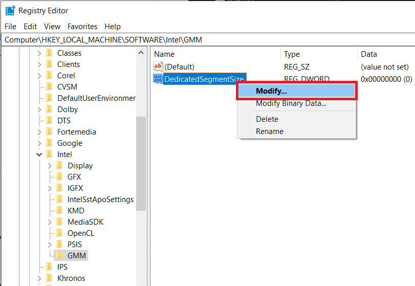 Haga clic derecho en DedicatedSegmentSize y seleccione Modificar para editar el valor DWORD