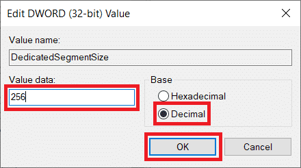 Cambie la base a decimal y haga clic en Aceptar |  Aumente la VRAM dedicada en Windows 10