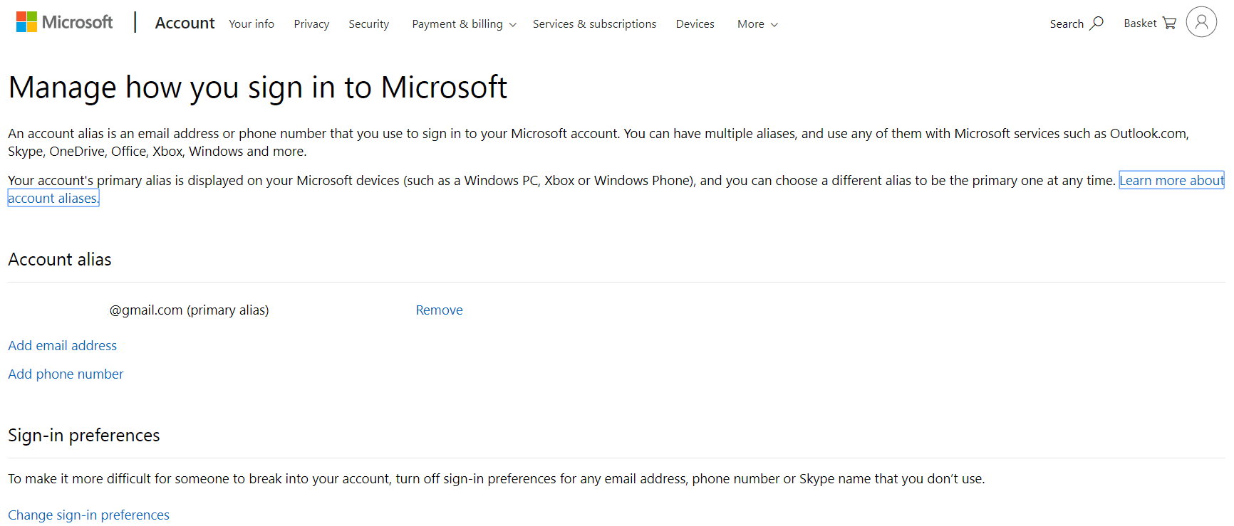 Cambie su ID de correo electrónico vinculado con su cuenta y luego haga clic en Administrar cómo inicia sesión en Microsoft